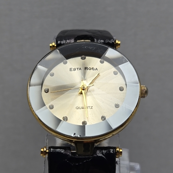 Womens Esta Rosa Watch Gold Tone Diamond Cut Crystal Leather Band New Battery - Picture 4 of 12